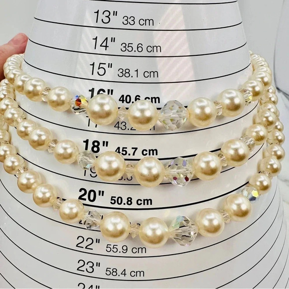 Vintage Laguna Faux Pearl Necklace Aurora Borealis Crystal Beads 3 Stran… - Picture 9 of 11